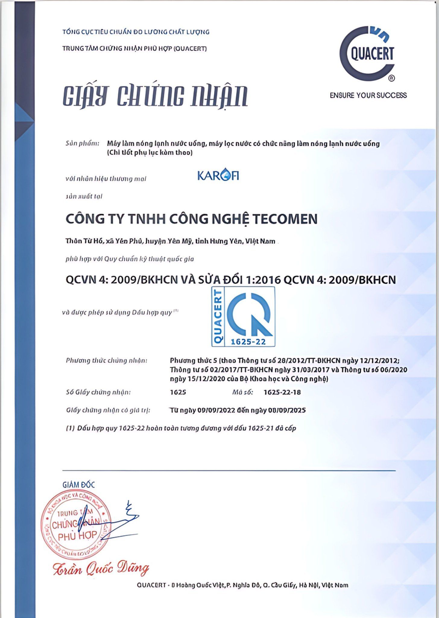 Chứng nhận chuẩn Quốc Gia của Karofi