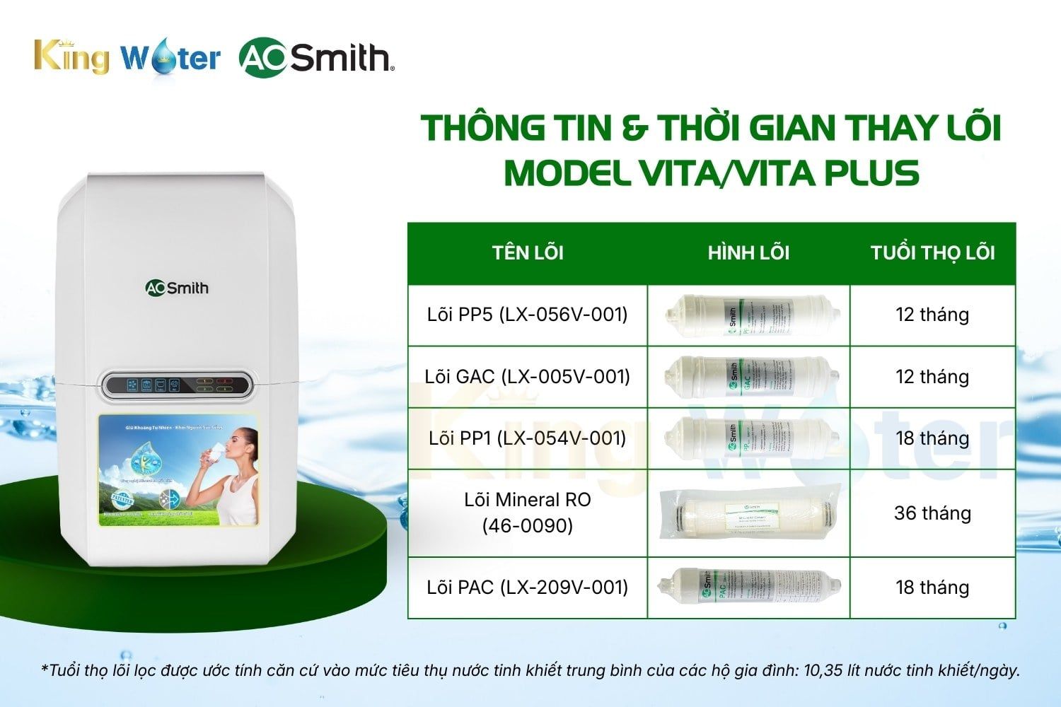 Thông tin và thời gian thay combo 5 lõi AO Smith Vita/Vita Plus