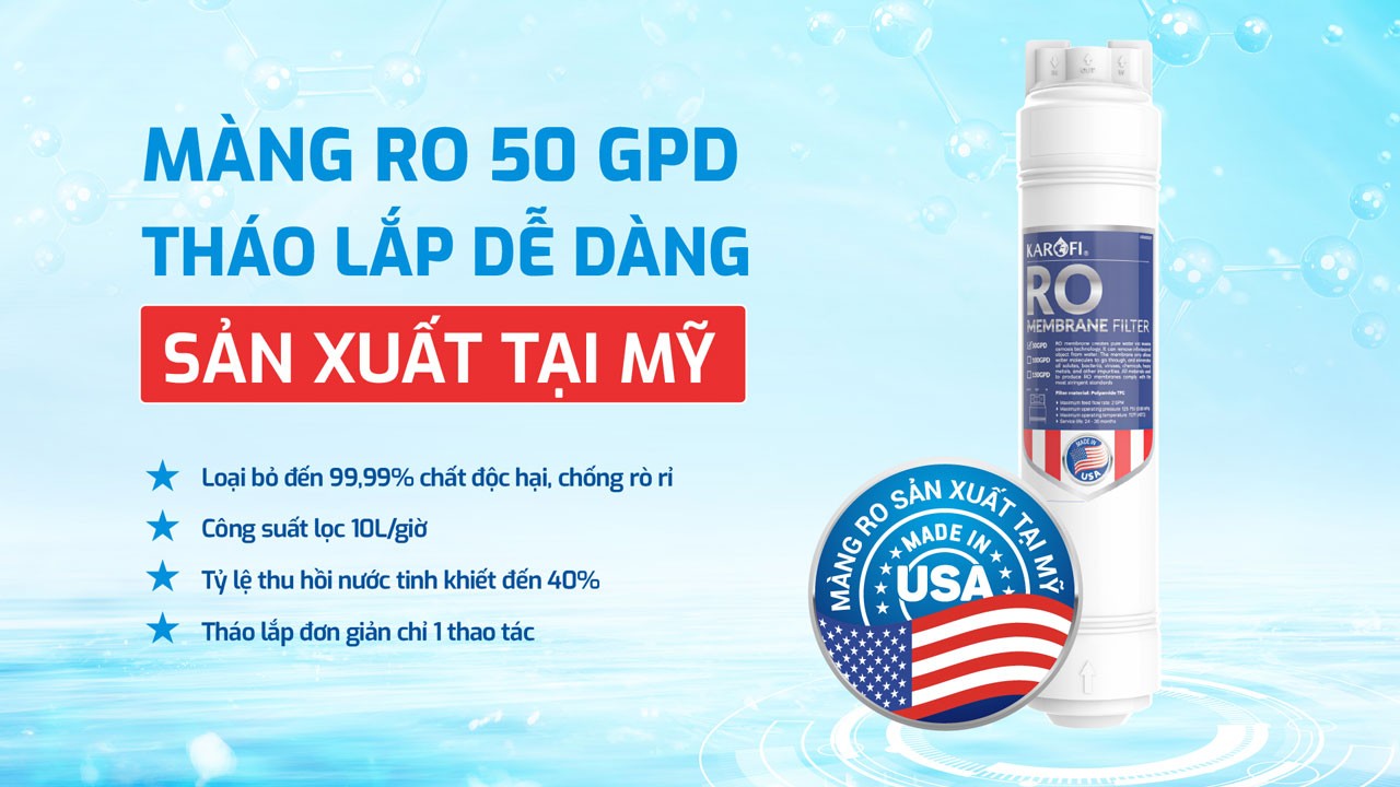 Máy lọc nước Karofi KAD-L82 trang bị hệ thống màng RO 50GPD nhập khẩu Mỹ
