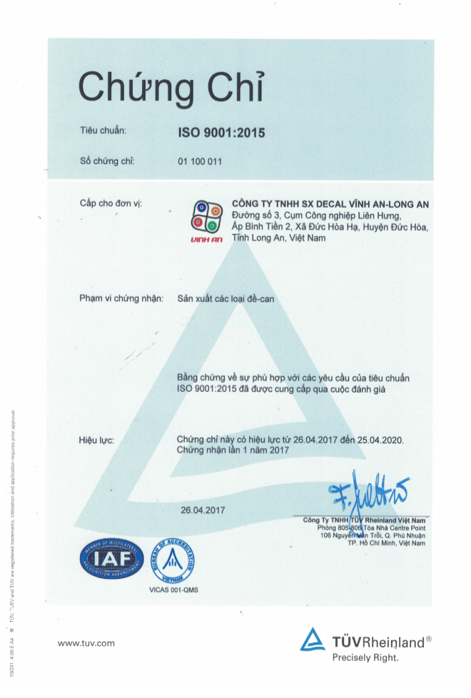 Quy trình đạt ISO 9001:2015 tại Decal Vĩnh An