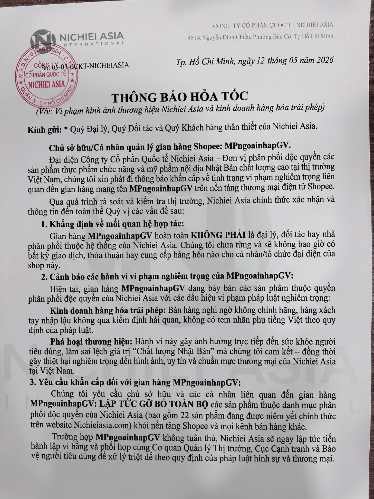 THÔNG BÁO HỎA TỐC TỪ NICHIEI ASIA