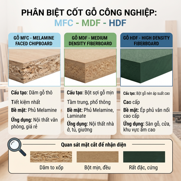 Cách Phân Biệt Gỗ Công Nghiệp MDF, MFC và HDF Chuẩn Xác Nhất
