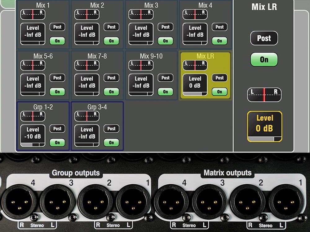 Mặt sau, Qu24 trang bị 4 group outputs và 4 matrix outputs.