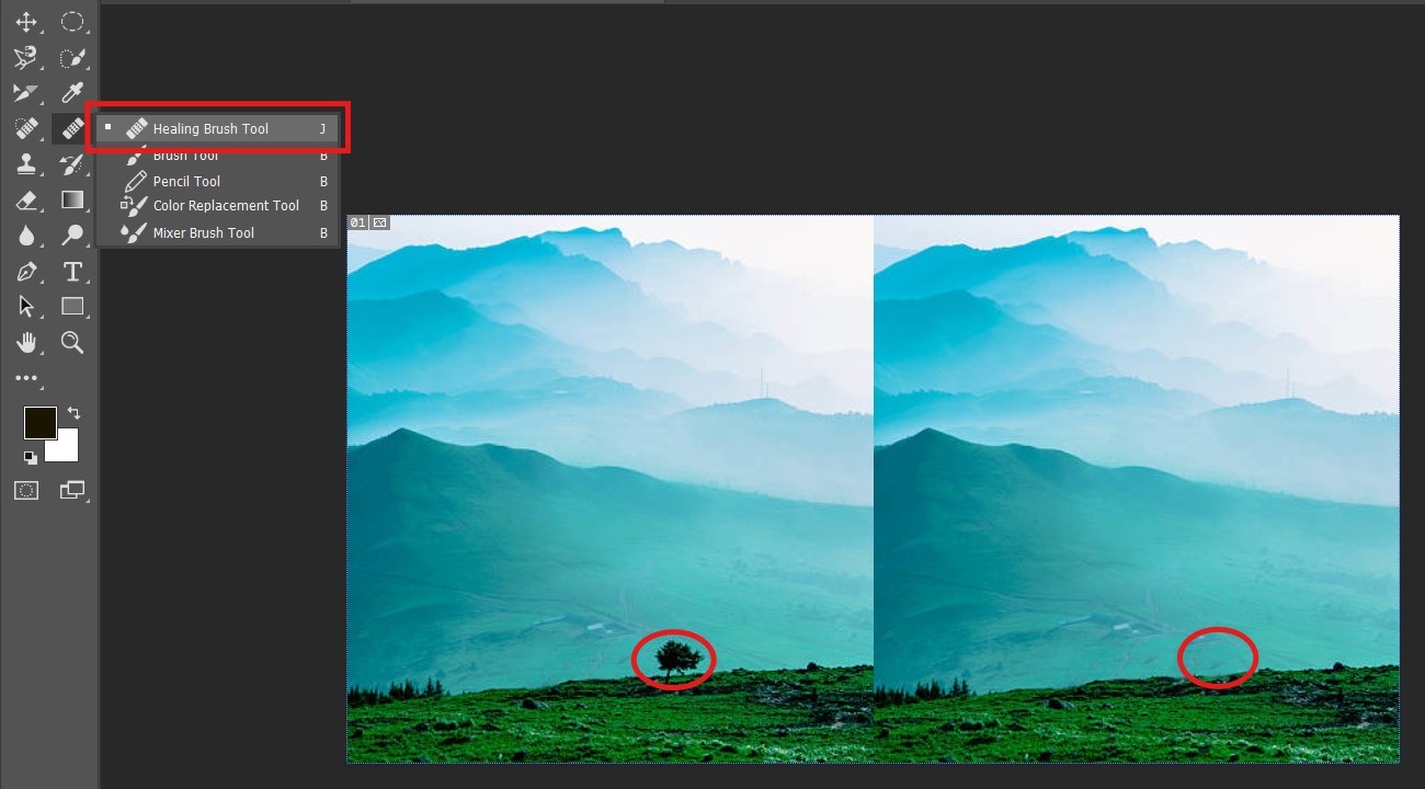 Công cụ Healing Brush trong Photoshop xóa ảnh chi tiết trong ảnh phong cảnh