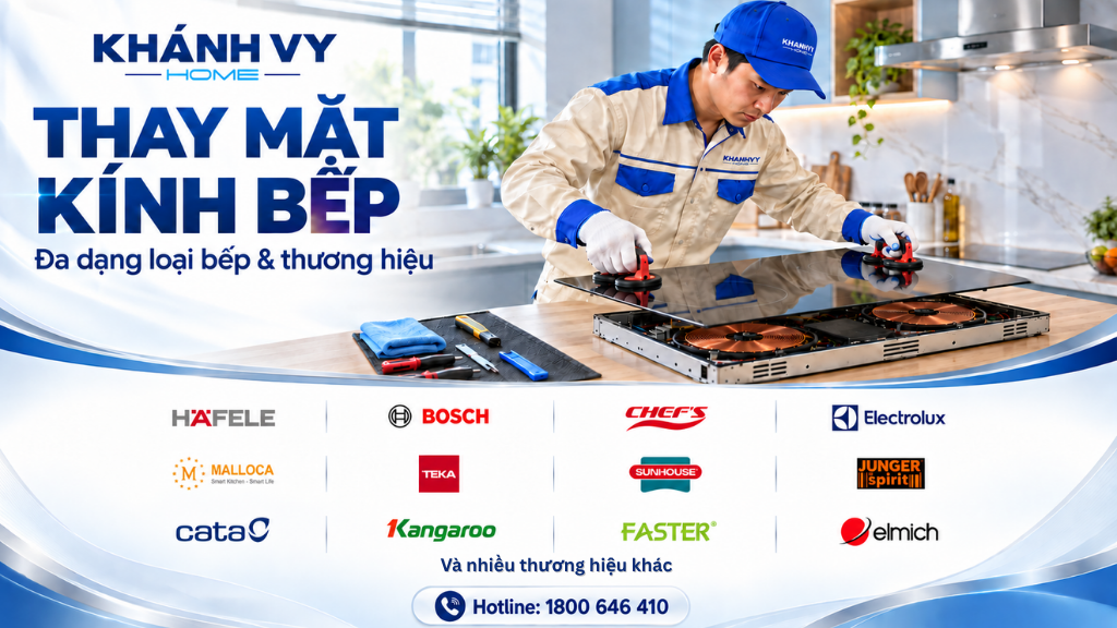 Tìm hiểu các bước thay kính bếp từ tại nhà, từ kiểm tra tình trạng, chọn kính phù hợp đến lắp đặt và kiểm tra sau sửa