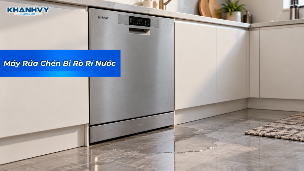 Máy rửa chén bị rò nước có thể do gioăng cửa, đường ống hoặc linh kiện bên trong, tìm hiểu nguyên nhân và cách xử lý