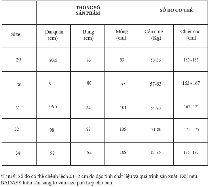 Hướng dẫn chọn size