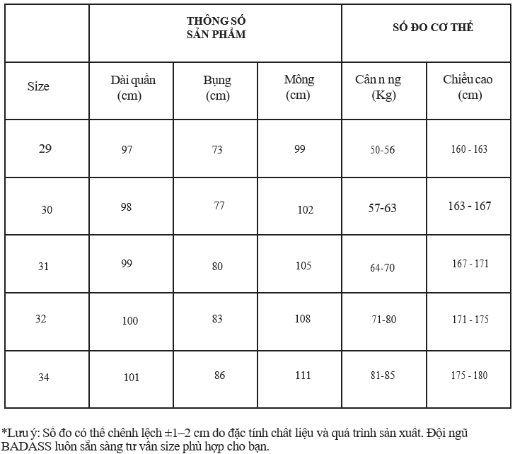 Hướng dẫn chọn size