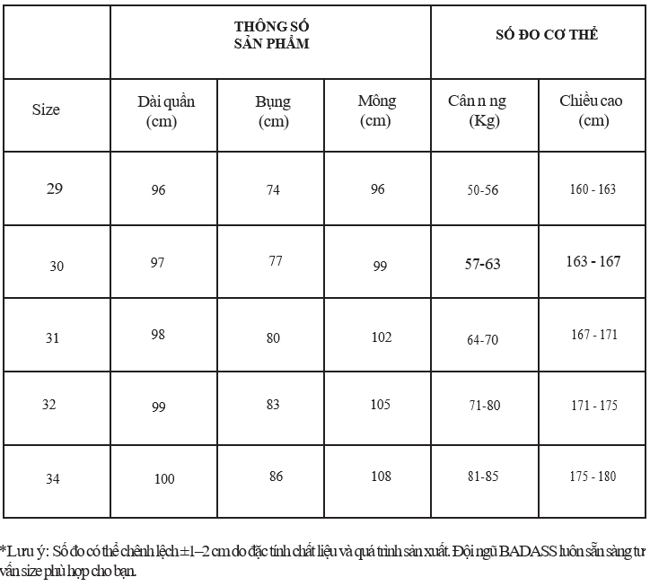 Hướng dẫn chọn size