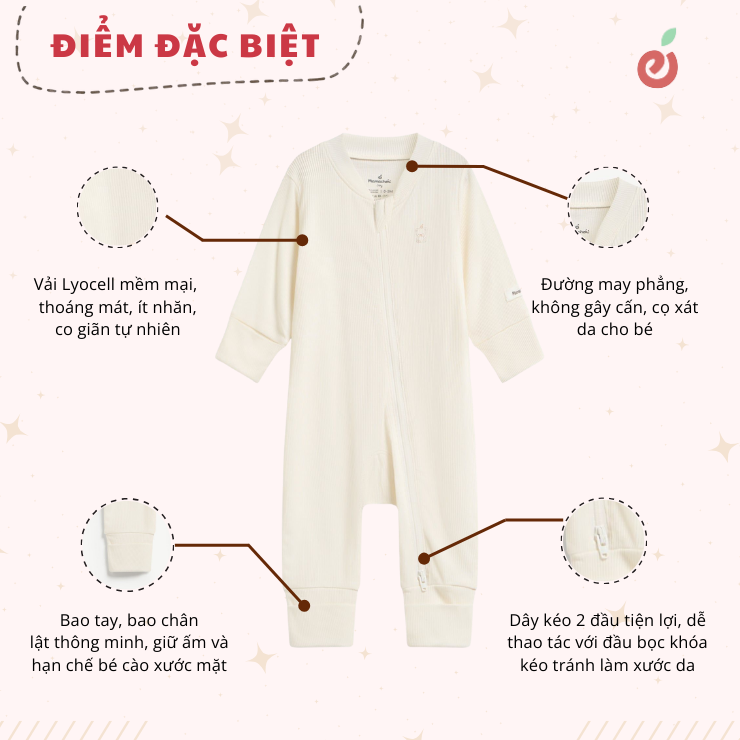 Bodysuit dài tay bé gái dây kéo 2 đầu tiện lợi Mamacheri