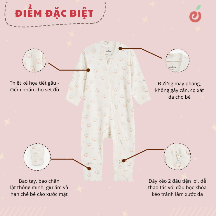 Bộ liền thân dài unisex có bao tay, bao chân lật