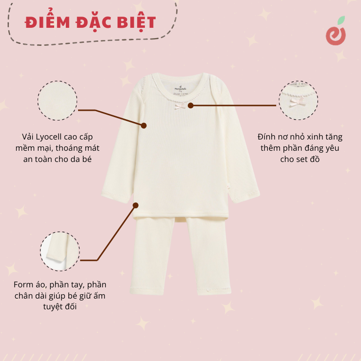 Bộ dài tay giữ nhiệt bé gái cổ chồm vai Mamacheri