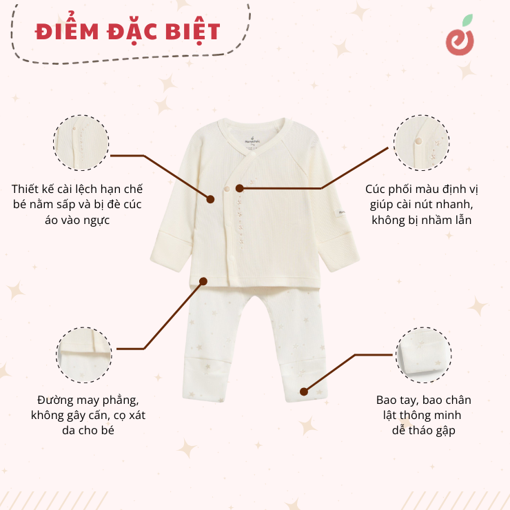 Bộ dài tay unisex sơ sinh bo lật tay chân giữ ấm Mamacheri