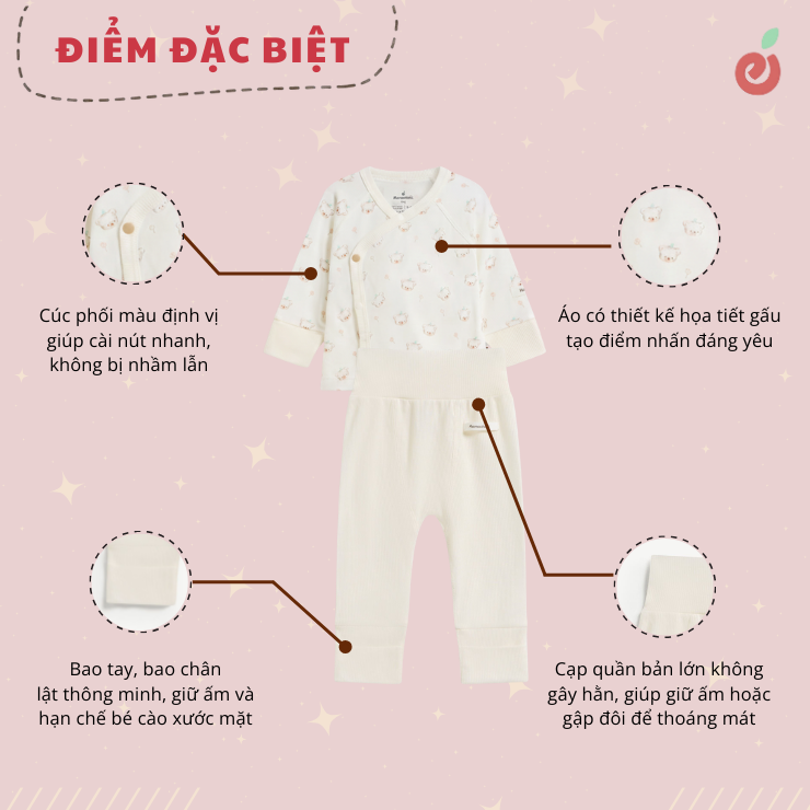 Bộ dài tay unisex có tất, cúc phối màu cài lệch Mamacheri