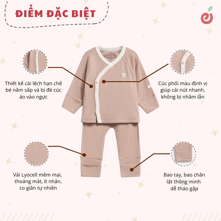 Bộ dài tay unisex sơ sinh có tất cúc phối màu cài lệch Mamacheri