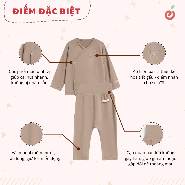 Bộ dài tay unisex màu nâu, cúc phối màu Mamacheri