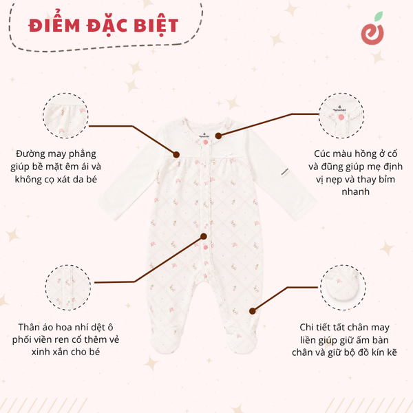 Bộ liền dài có tất dáng rộng bé gái sơ sinh họa tiết hoa