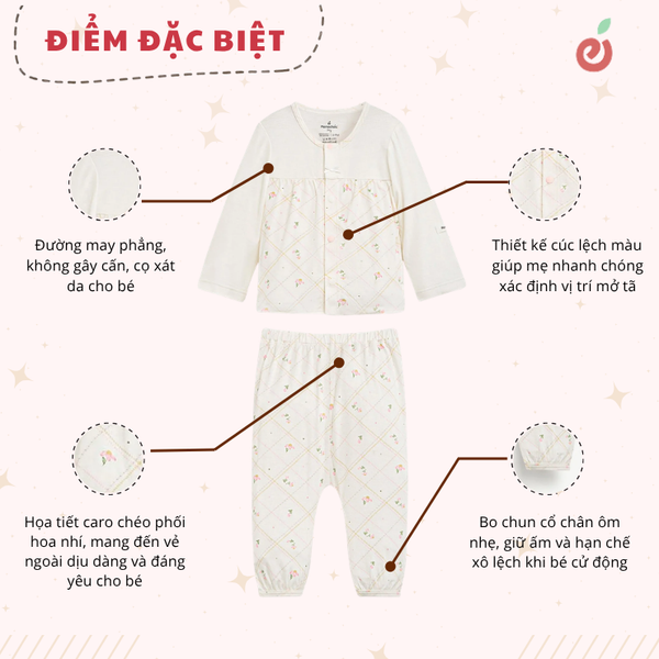 Bộ dài tay có tất cài thẳng bé gái được thiết kế họa tiết hoa chéo