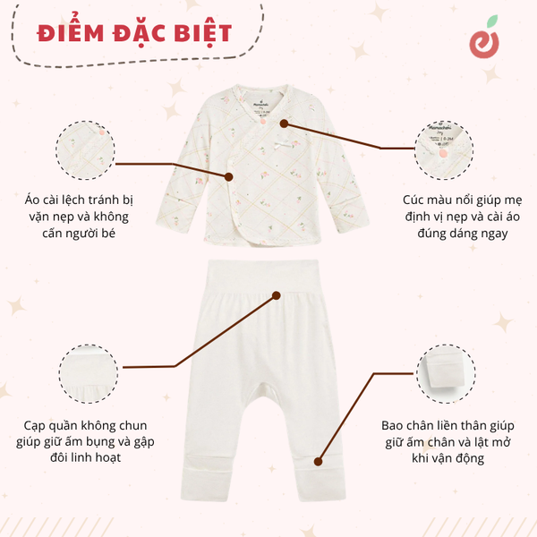 Bộ dài tay có tất cài lệch bé gái họa tiết hoa kẻ chéo