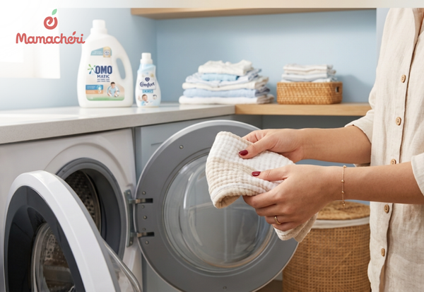 Sử dụng chế độ giặt phù hợp giúp khăn sữa luôn bền đẹp và sạch sẽ.