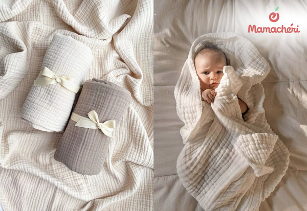 Khăn xô nhiều lớp hỗ trợ mẹ làm khô da bé nhanh chóng mà không gây chà xát.