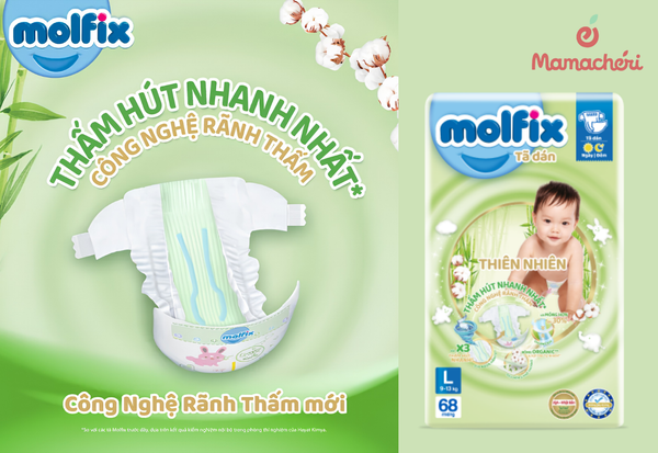 Tã dán Molfix thiên nhiên với chiết xuất sợi tre và bông organic dịu nhẹ.