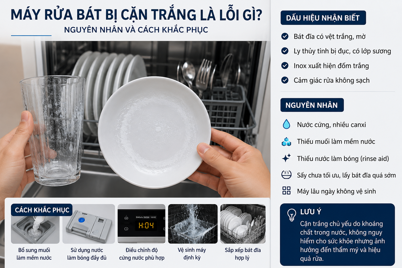 Máy rửa bát bị cặn trắng là lỗi gì? Nguyên nhân và cách khắc phục triệt để