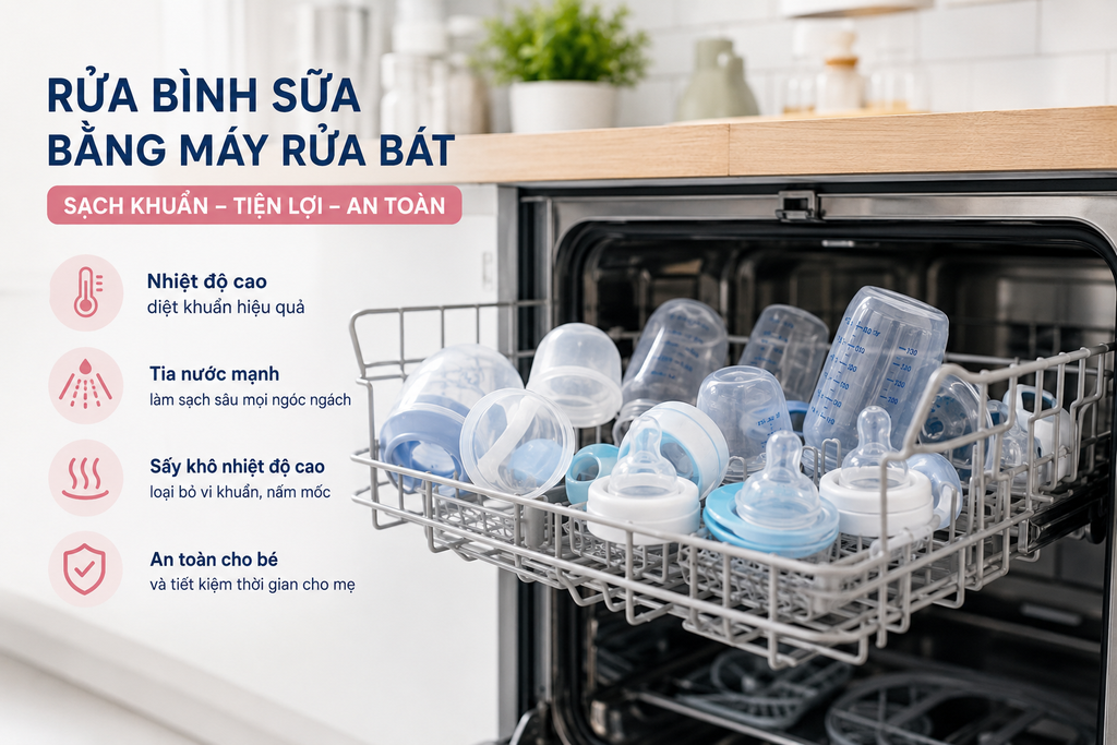 Hướng dẫn rửa bình sữa em bé bằng máy rửa bát đúng chuẩn – sạch khuẩn 99,9%