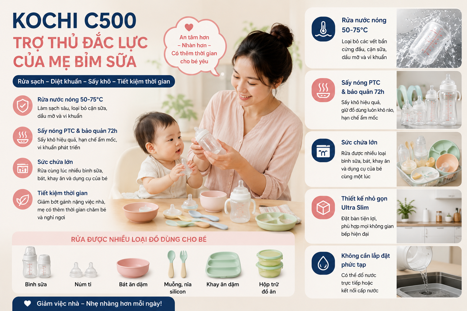 Vì sao các mẹ bỉm hiện đại chọn Kochi C500 để rửa bình sữa và đồ ăn dặm cho bé?