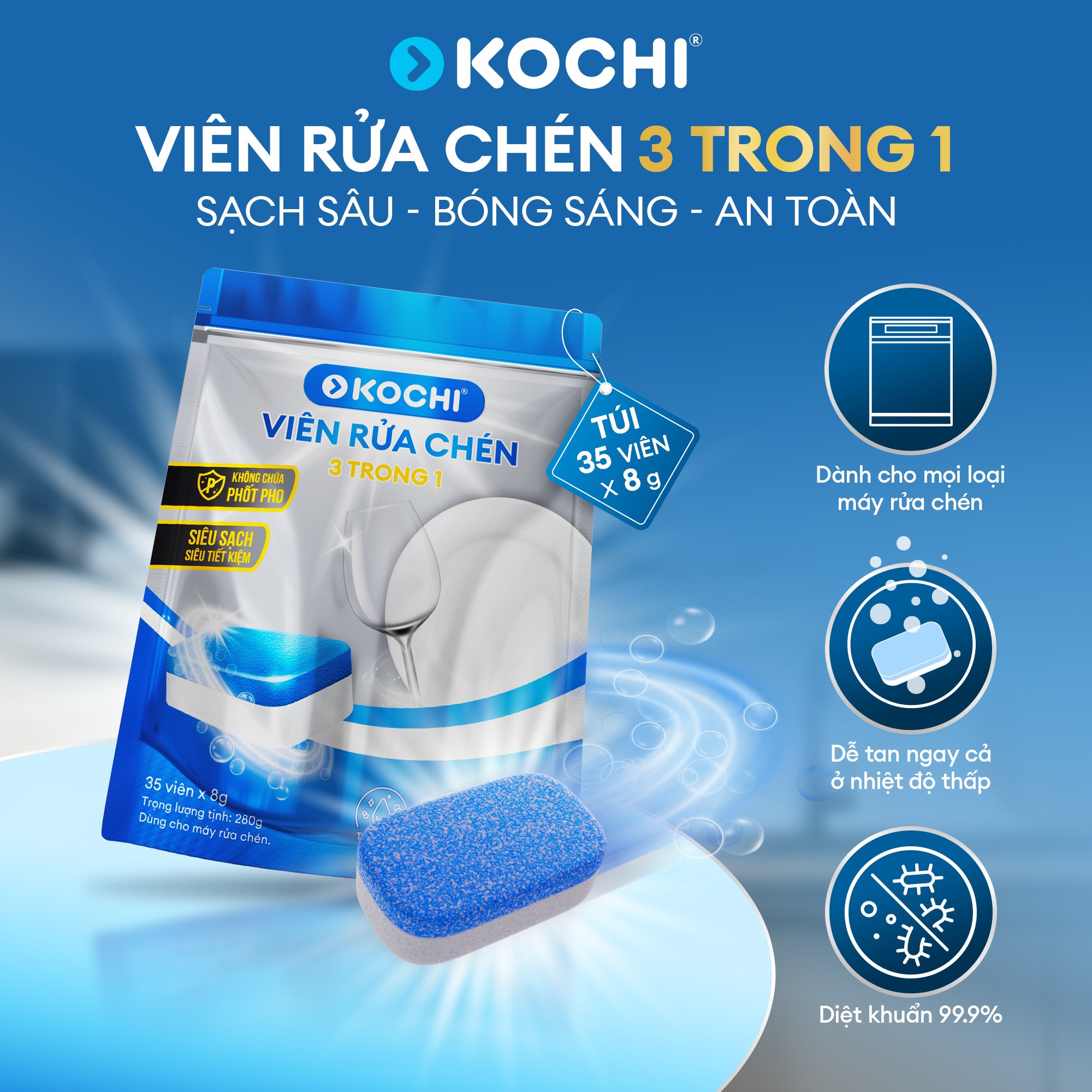 Mỗi ngày dùng bao nhiêu viên rửa chén? Cách dùng viên KOCHI 3 trong 1 vừa sạch vừa tiết kiệm