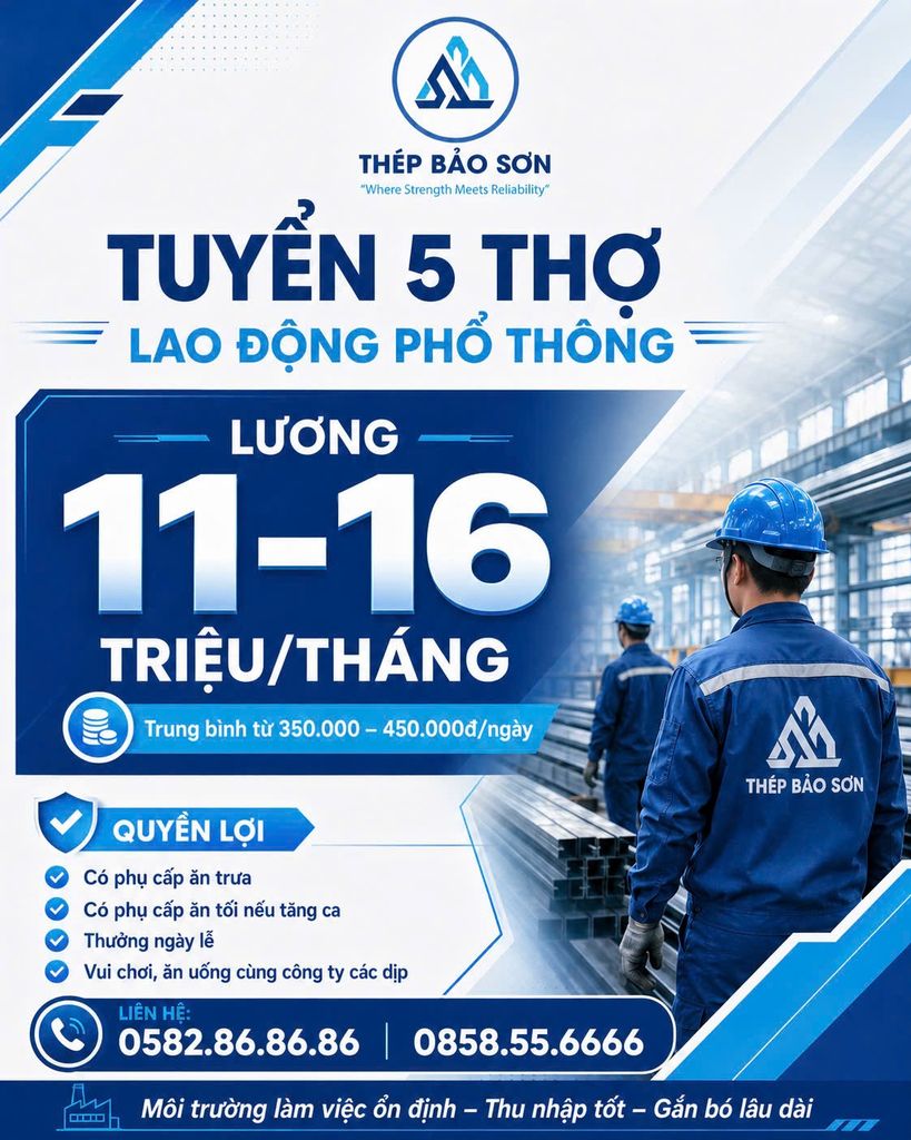 GIÀN GIÁO BẢO SƠN SBK TUYỂN DỤNG 5 LAO ĐỘNG PHỔ THÔNG THÁNG 6