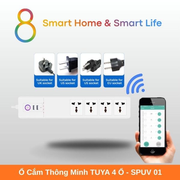Ổ Cắm Thông Minh Wifi Tuya Smart Life 4 ổ 10A  kèm 1 USB A + 1 Type C  - 8Matter - SmartHome