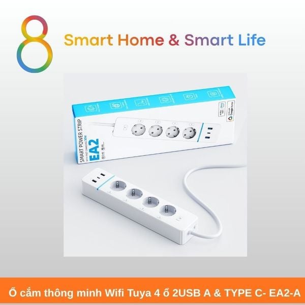 Ổ cắm thông minh Wifi Tuya 4 ổ 2USB A & TYPE C- EA2-A
