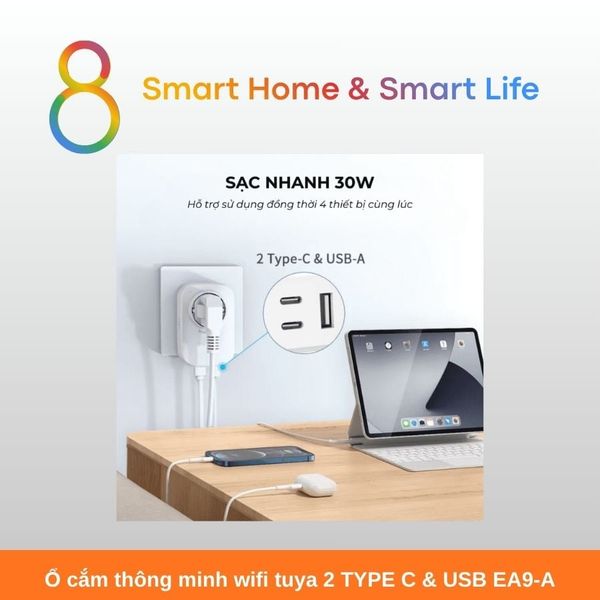Ổ cắm thông minh wifi tuya 2 TYPE C & USB EA9-A