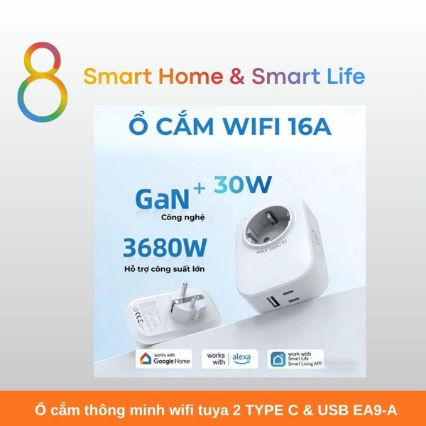 Ổ cắm thông minh wifi tuya 2 TYPE C & USB EA9-A