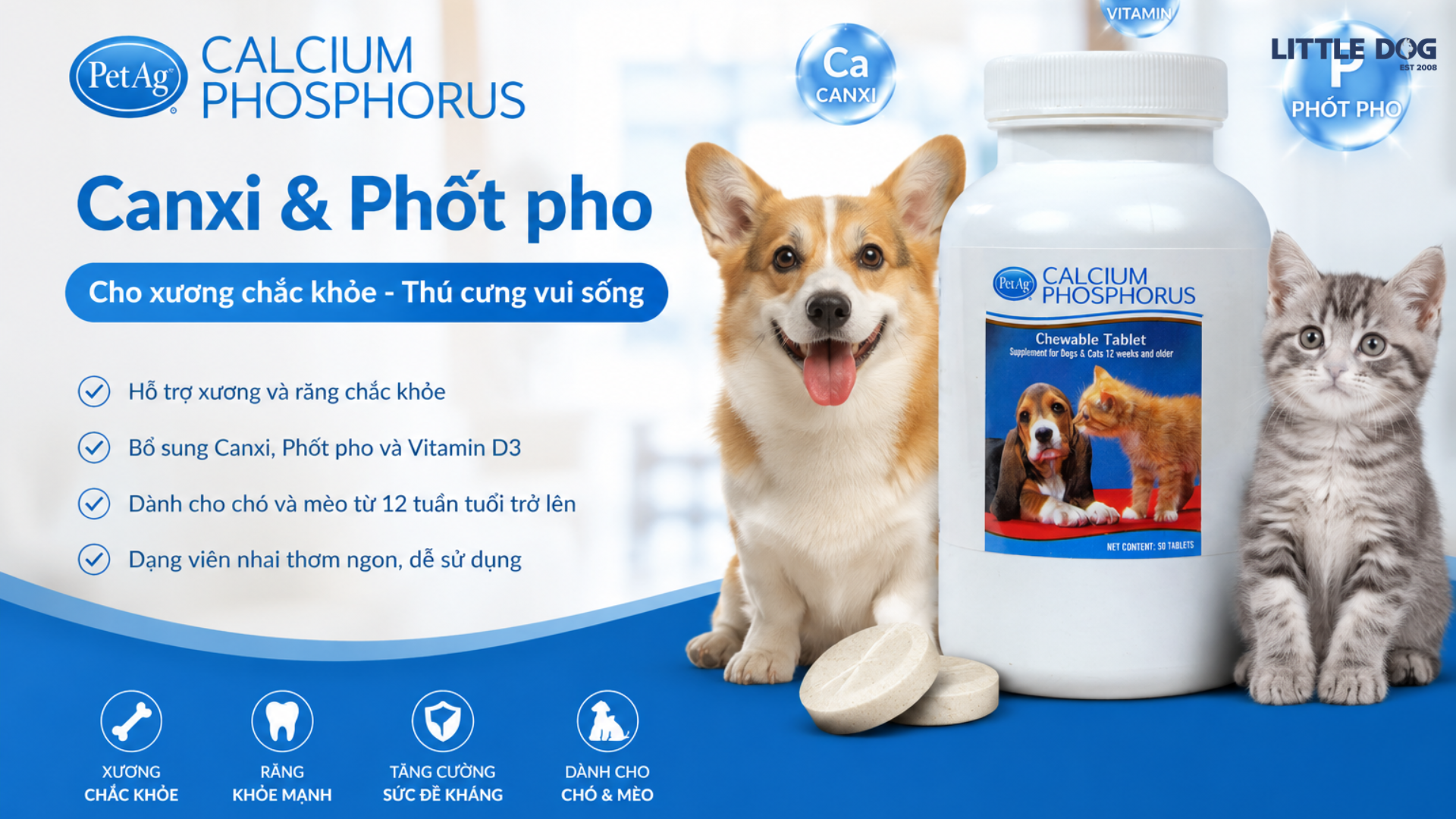 PetAg Calcium Phosphorus Tablets – Viên Canxi Cho Chó Mèo Giúp Xương Chắc Khỏe