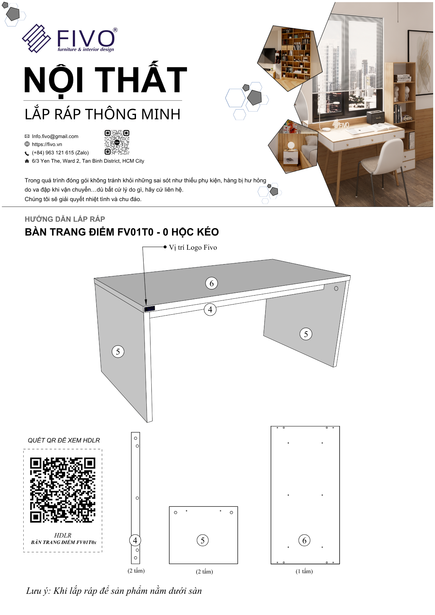 Hướng dẫn lắp ráp Bàn Trang Điểm FV01, 0 Hộc FIVO