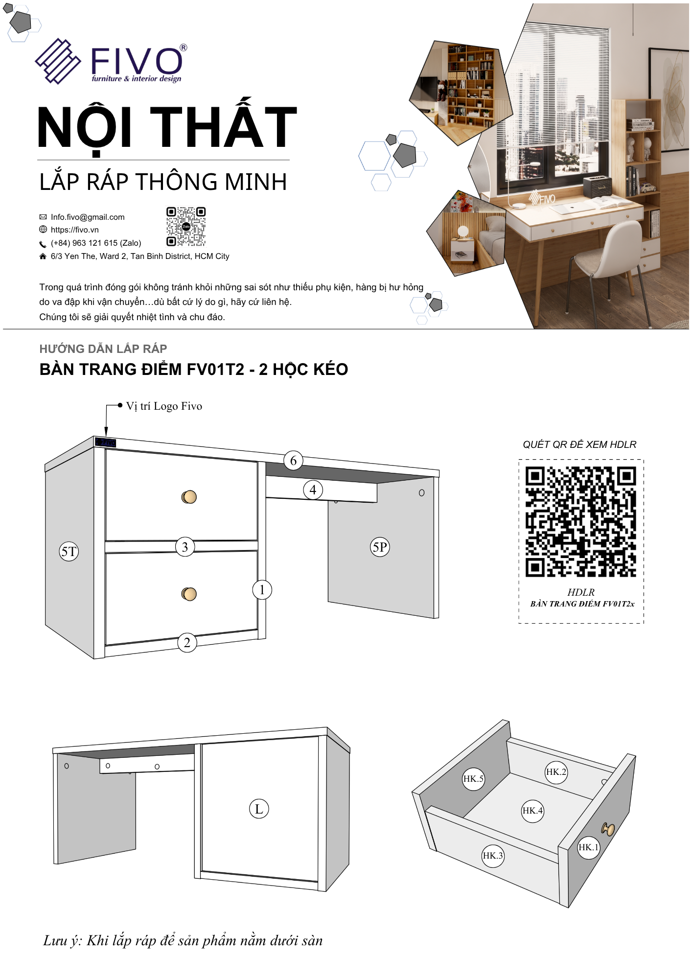 Hướng dẫn lắp ráp Bàn Trang Điểm FV01, 2 Hộc FIVO