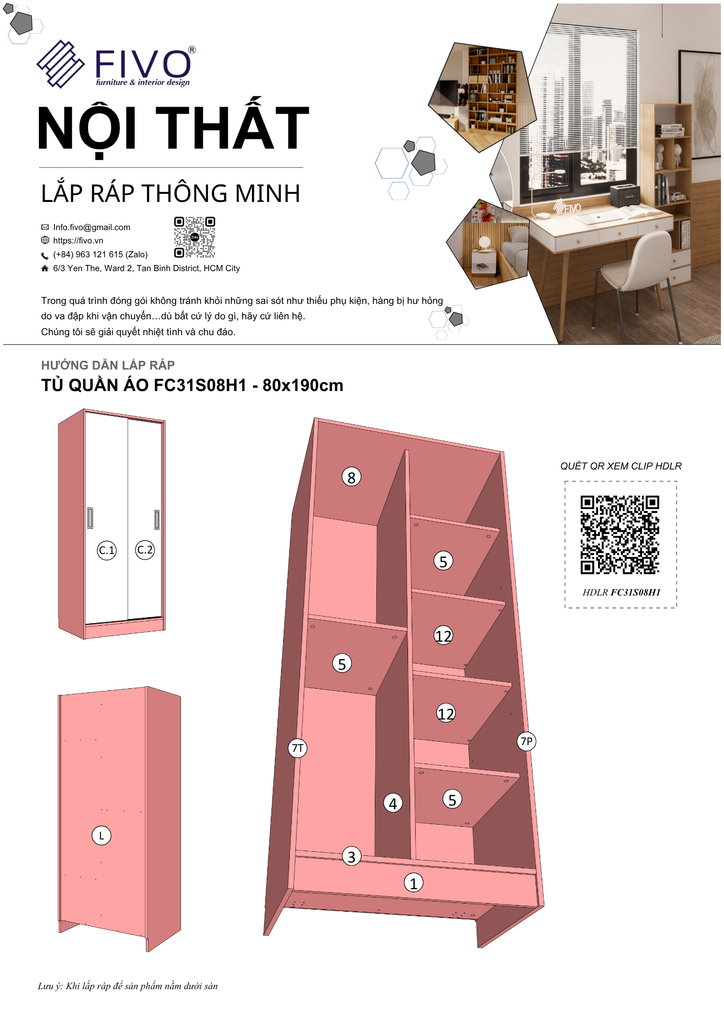 Hướng Dẫn Lắp Ráp Tủ Quần Áo FC31 FIVO, Ngang 80cm, Cao 190cm
