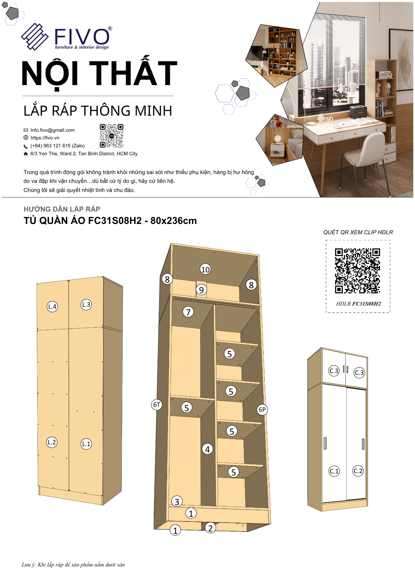 Hướng Dẫn Lắp Ráp Tủ Quần Áo FC31 FIVO, Ngang 80cm, Cao 236cm