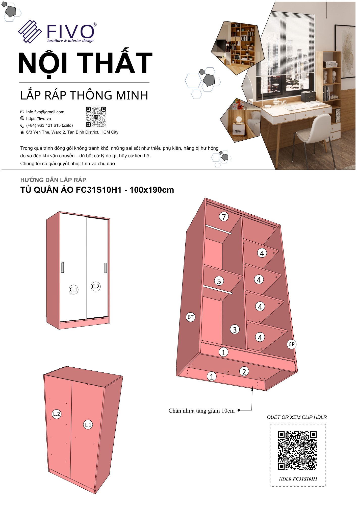 Hướng Dẫn Lắp Ráp Tủ Quần Áo FC31 FIVO, Ngang 100cm, Cao 190cm