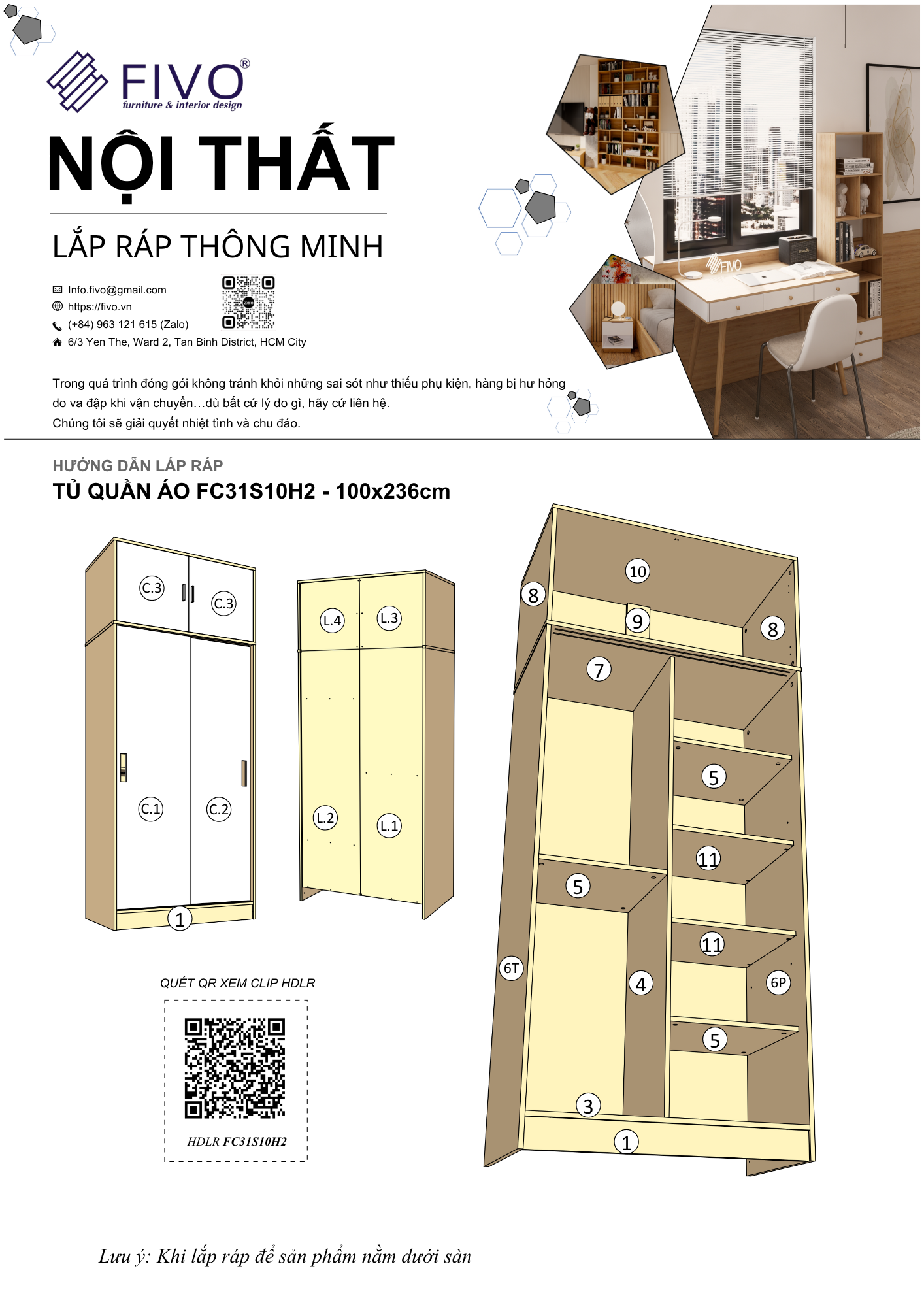 Hướng Dẫn Lắp Ráp Tủ Quần Áo FC31 FIVO, Ngang 100cm, Cao 236cm