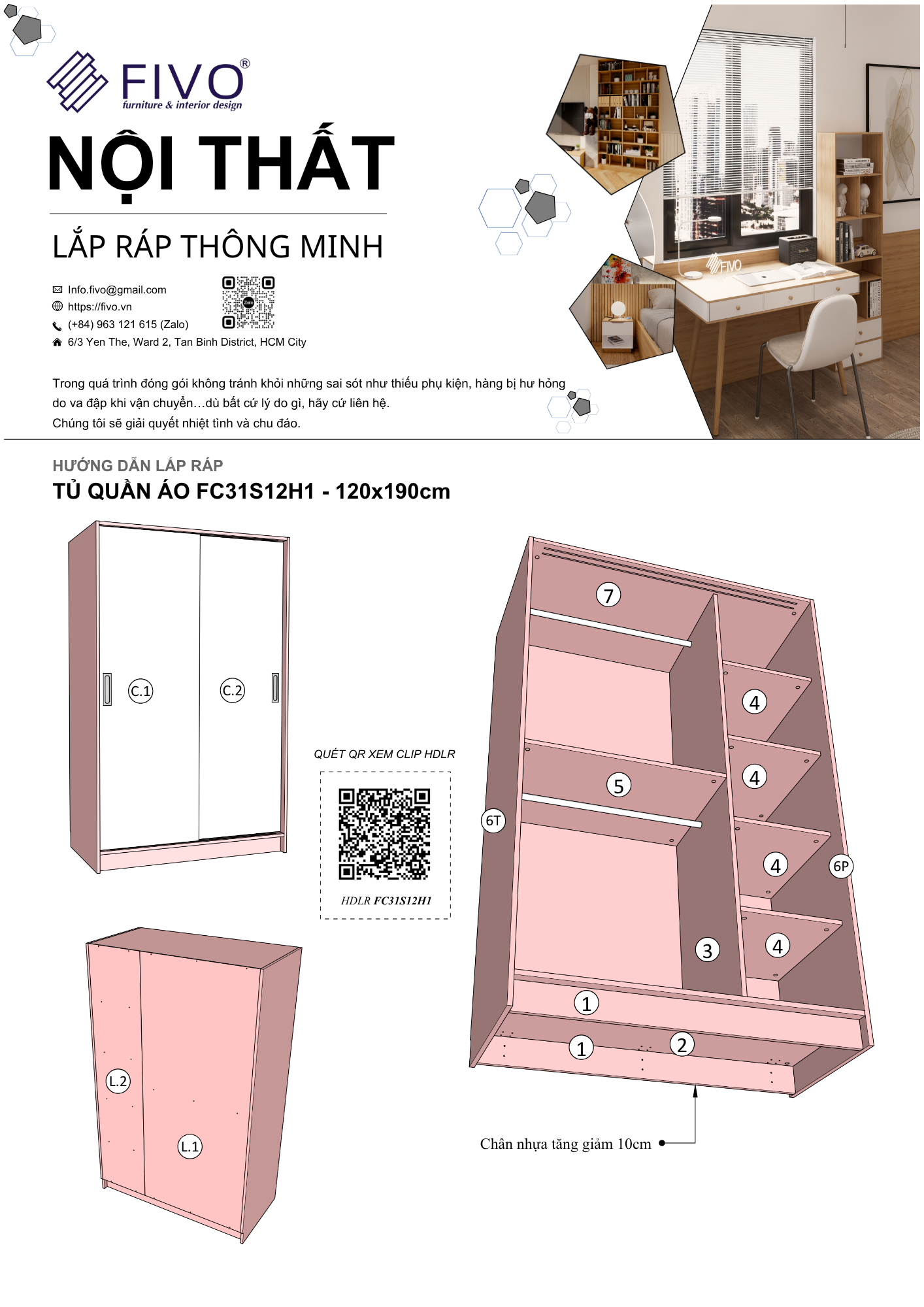Hướng Dẫn Lắp Ráp Tủ Quần Áo FC31 FIVO, Ngang 120cm, Cao 190cm