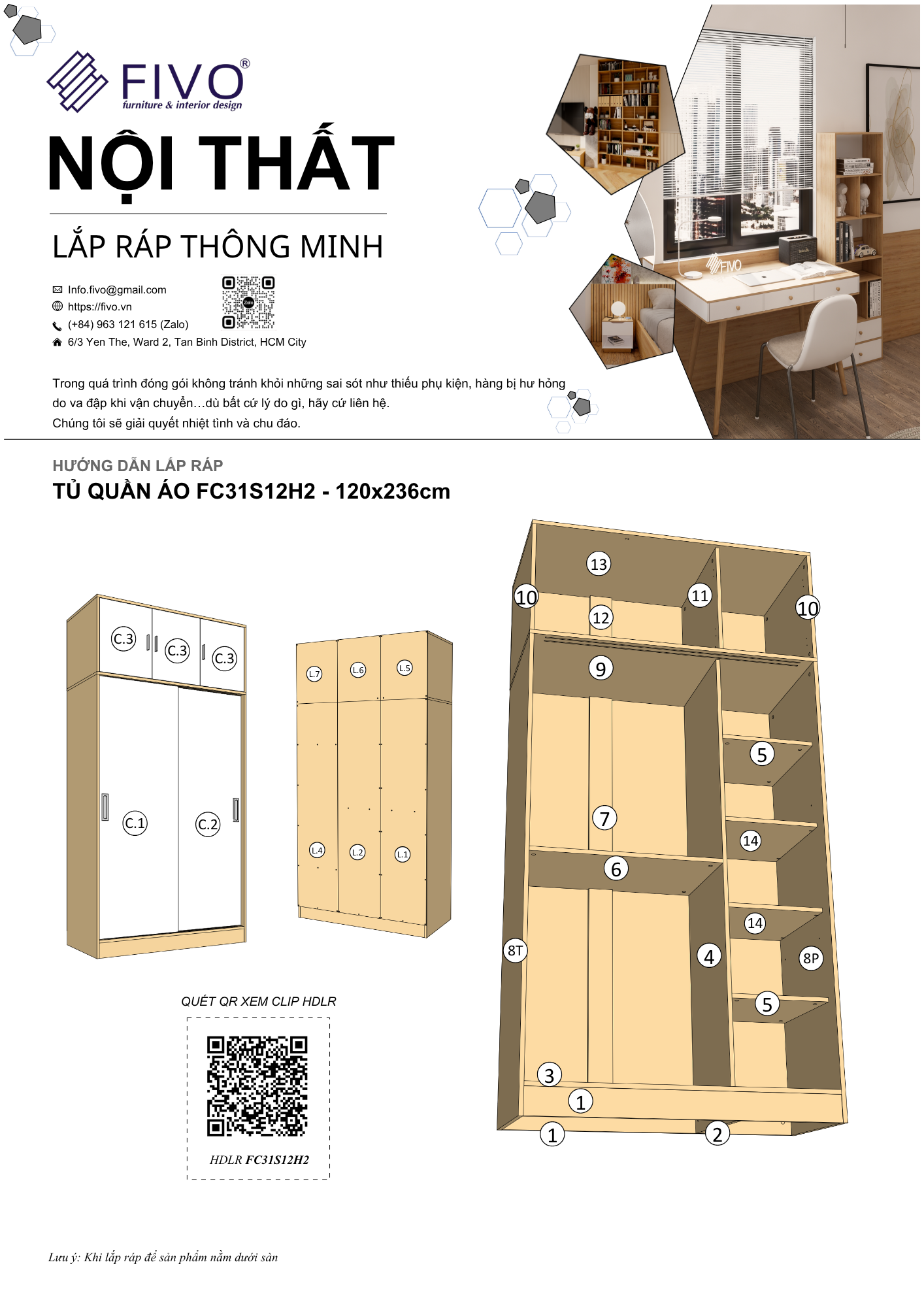 Hướng Dẫn Lắp Ráp Tủ Quần Áo FC31 FIVO, Ngang 120cm, Cao 236cm