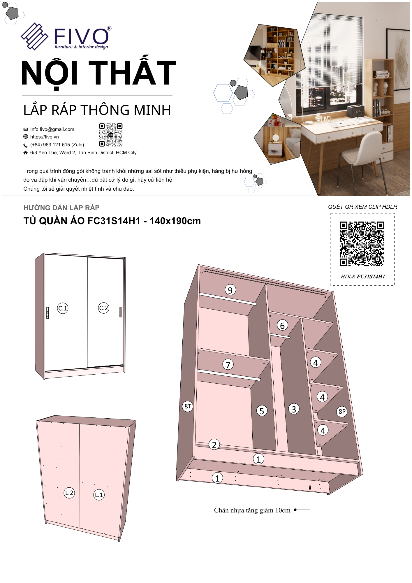 Hướng Dẫn Lắp Ráp Tủ Quần Áo FC31 FIVO, Ngang 140cm, Cao 190cm