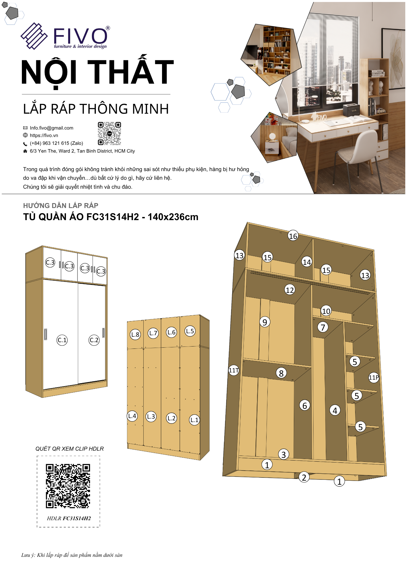 Hướng Dẫn Lắp Ráp Tủ Quần Áo FC31 FIVO, Ngang 140cm, Cao 236cm