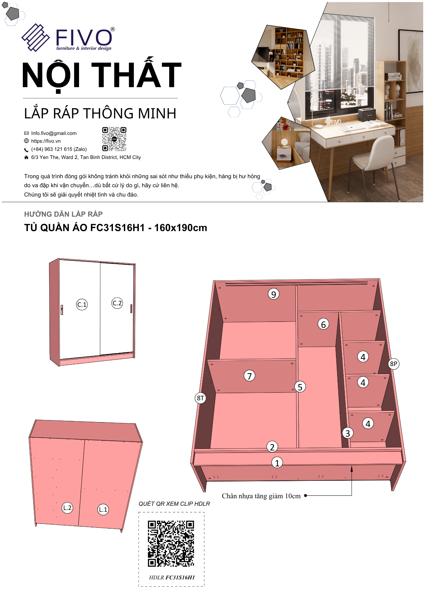 Hướng Dẫn Lắp Ráp Tủ Quần Áo FC31 FIVO, Ngang 160cm, Cao 190cm