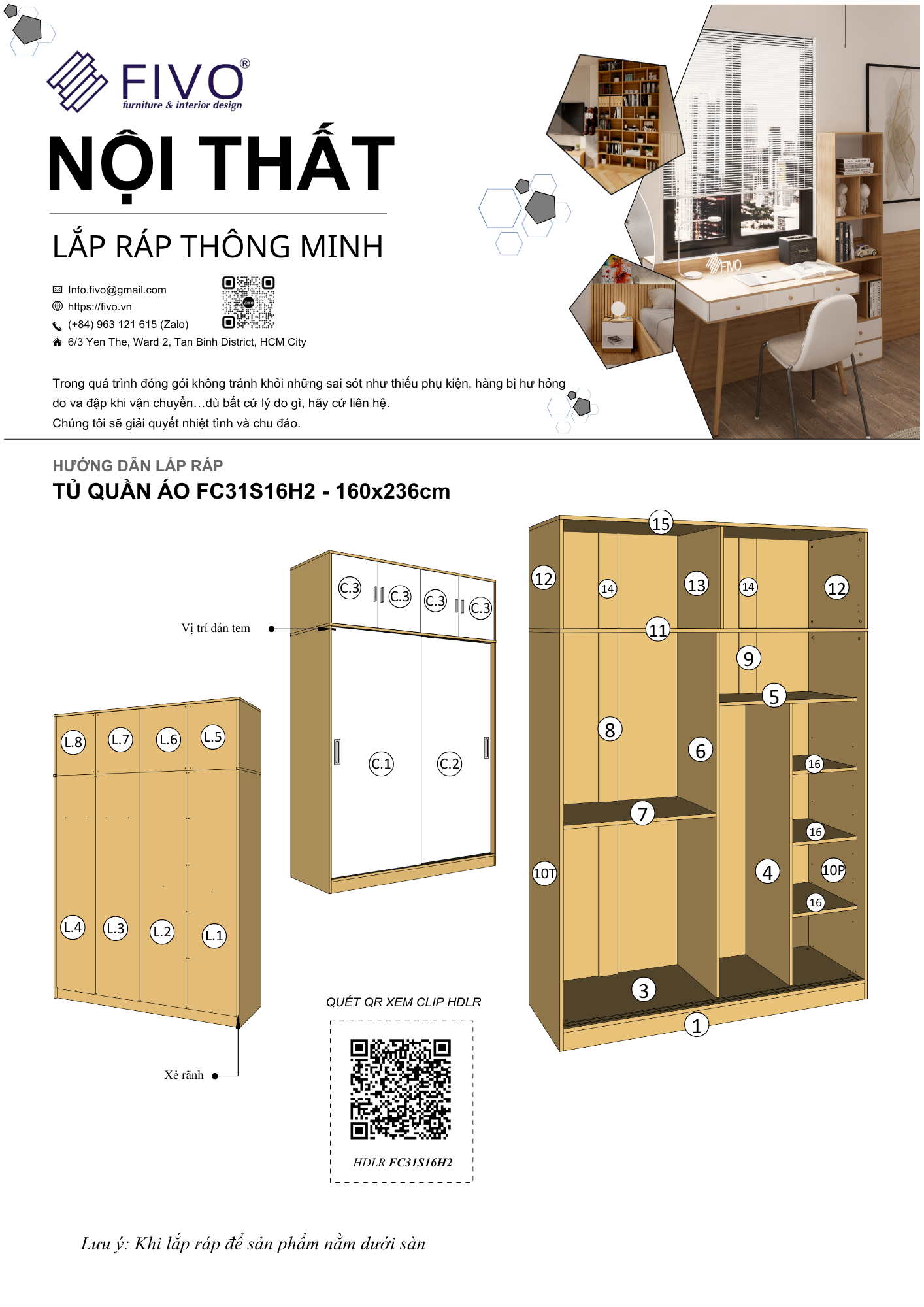 Hướng Dẫn Lắp Ráp Tủ Quần Áo FC31 FIVO, Ngang 160cm, Cao 236cm