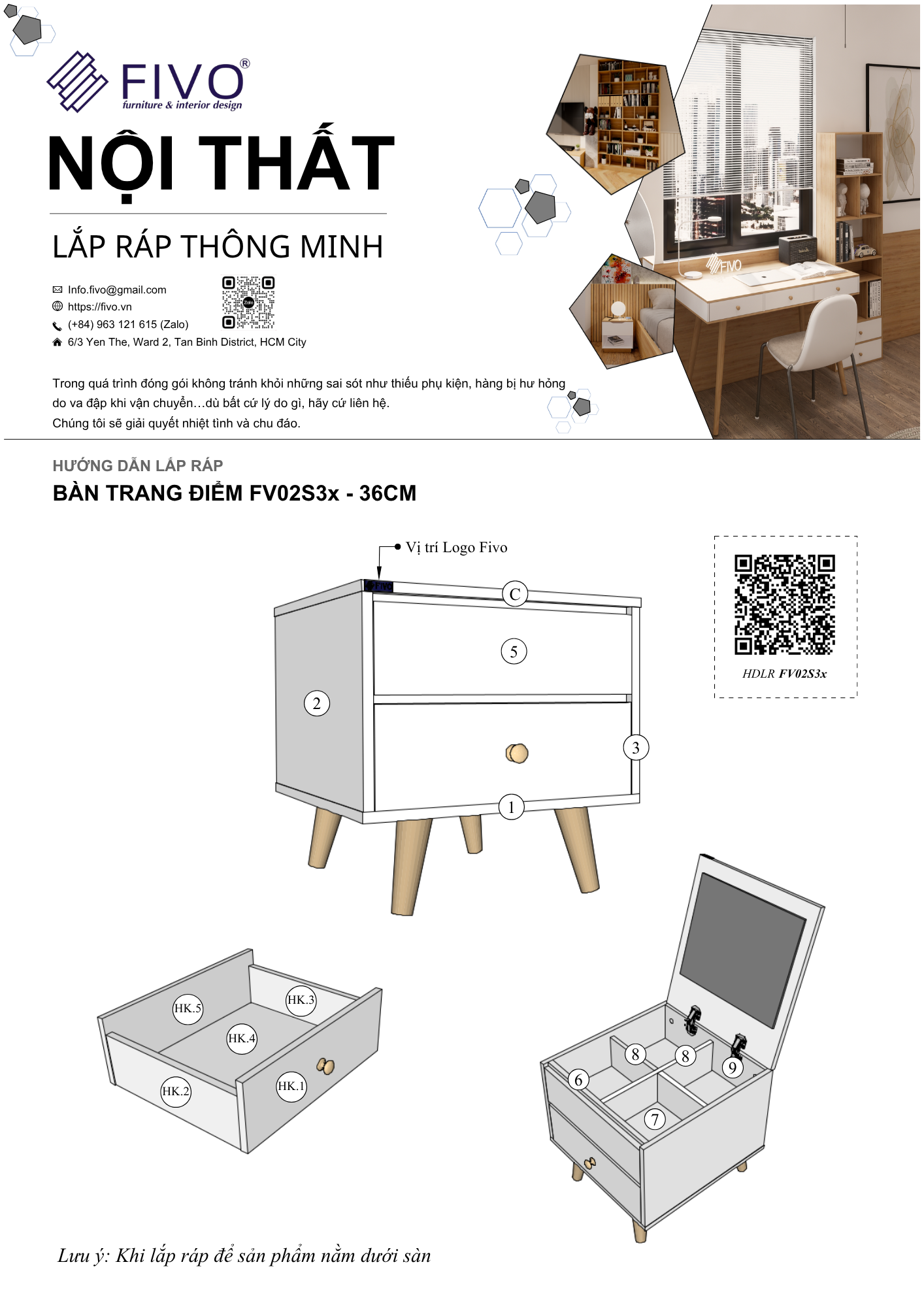 Hướng Dẫn Lắp Ráp Bàn Trang Điểm FV02 FIVO Ngang 36cm