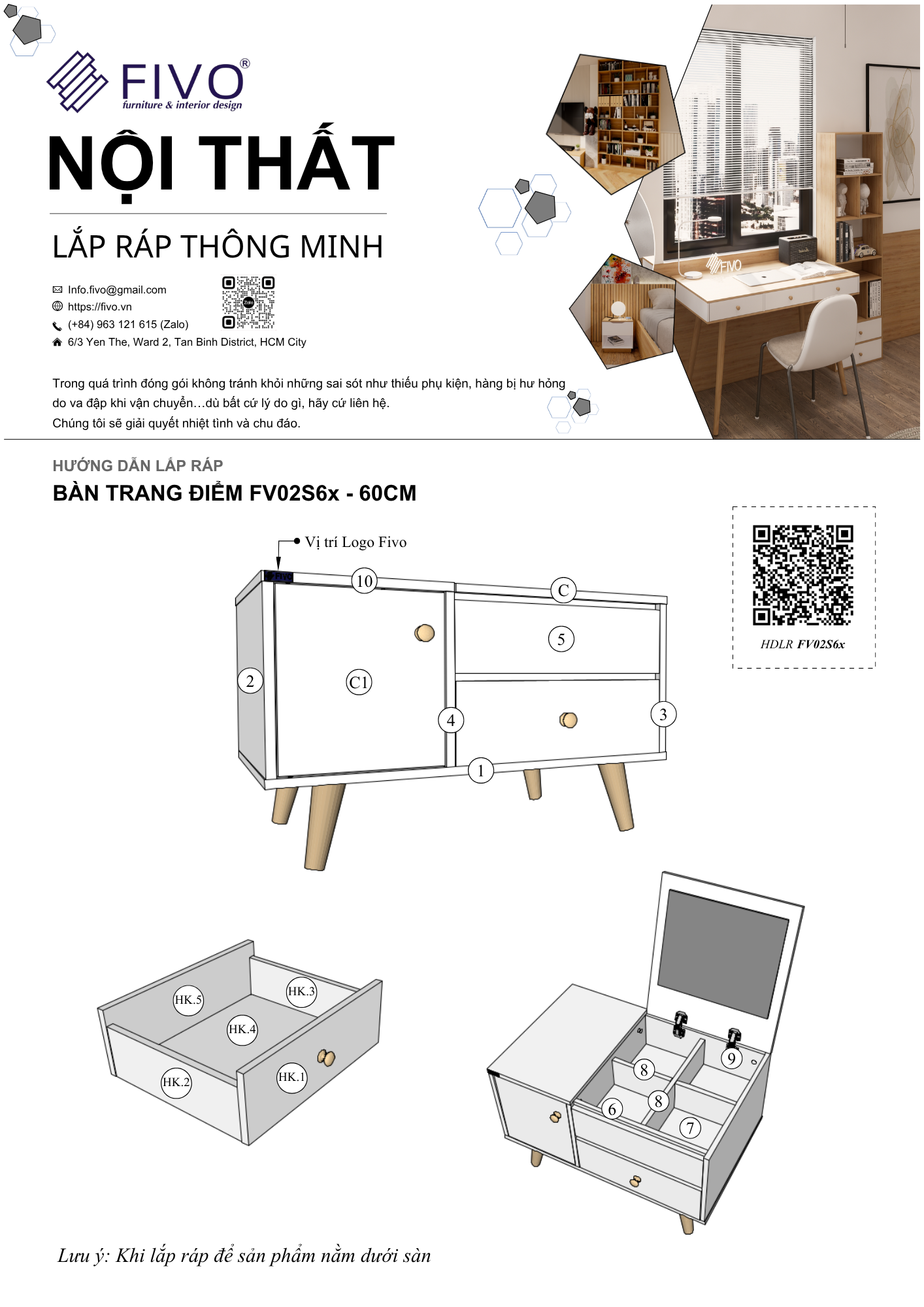 Hướng Dẫn Lắp Ráp Bàn Trang Điểm FV02 FIVO Ngang 60cm